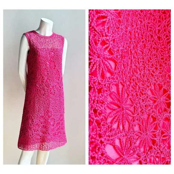 Vintage Pink Sheath Dress Crochet Cordé Sleeveless M/L - Picture 1 of 8